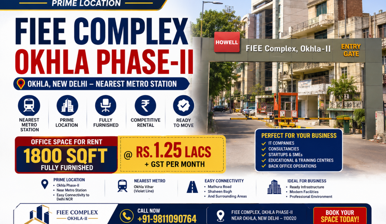 FIEE Complex Okhla Phase 2 office space for rent near the nearest metro station in Okhla, New Delhi. Prime commercial office available through Property Masterz India.
