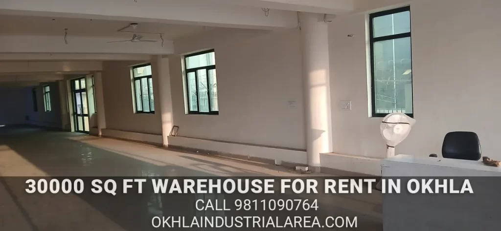 Interior view of 30000 sq ft commercial godown for rent in Okhla Delhi.