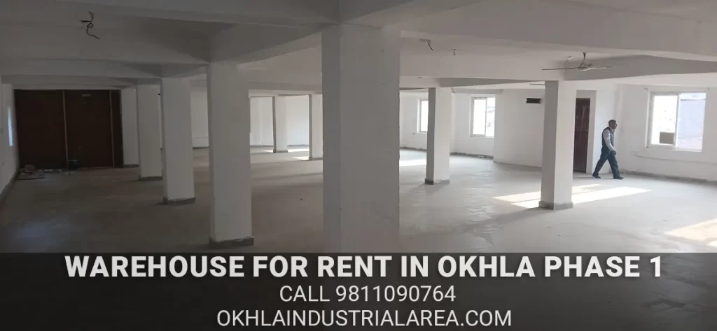 Heavy-duty RCC flooring inside a commercial warehouse on lease in Okhla Phase 1.