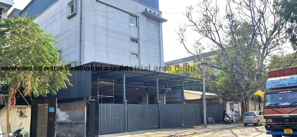 Modern multi-story industrial building and warehouse for rent in Okhla Industrial Estate Phase 2, South Delhi.