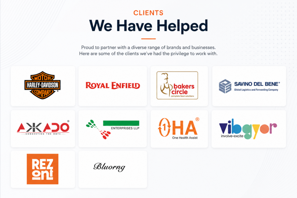 Top clients served by Property Masterz including Harley Davidson, Royal Enfield and logistics companies for commercial properties in Okhla Industrial Area Delhi