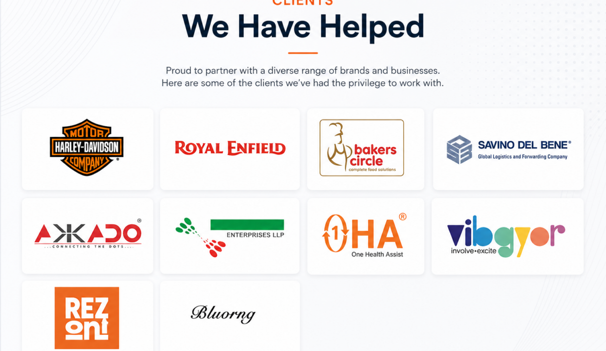 Top clients served by Property Masterz including Harley Davidson, Royal Enfield and logistics companies for commercial properties in Okhla Industrial Area Delhi