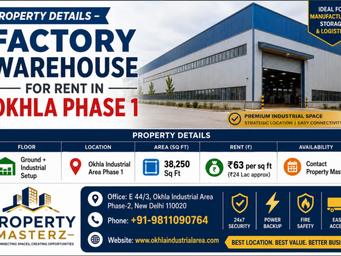 38,250 Sq Ft factory warehouse for rent in Okhla Industrial Area Phase 1, New Delhi with ground floor industrial setup available at ₹63 per sq ft from Property Masterz.