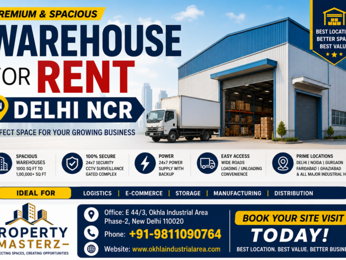 Warehouse for rent in Delhi NCR by Property Masterz India. Premium industrial warehouses, factory buildings and logistics spaces available in Okhla, Jasola, Mohan Cooperative and Delhi NCR.