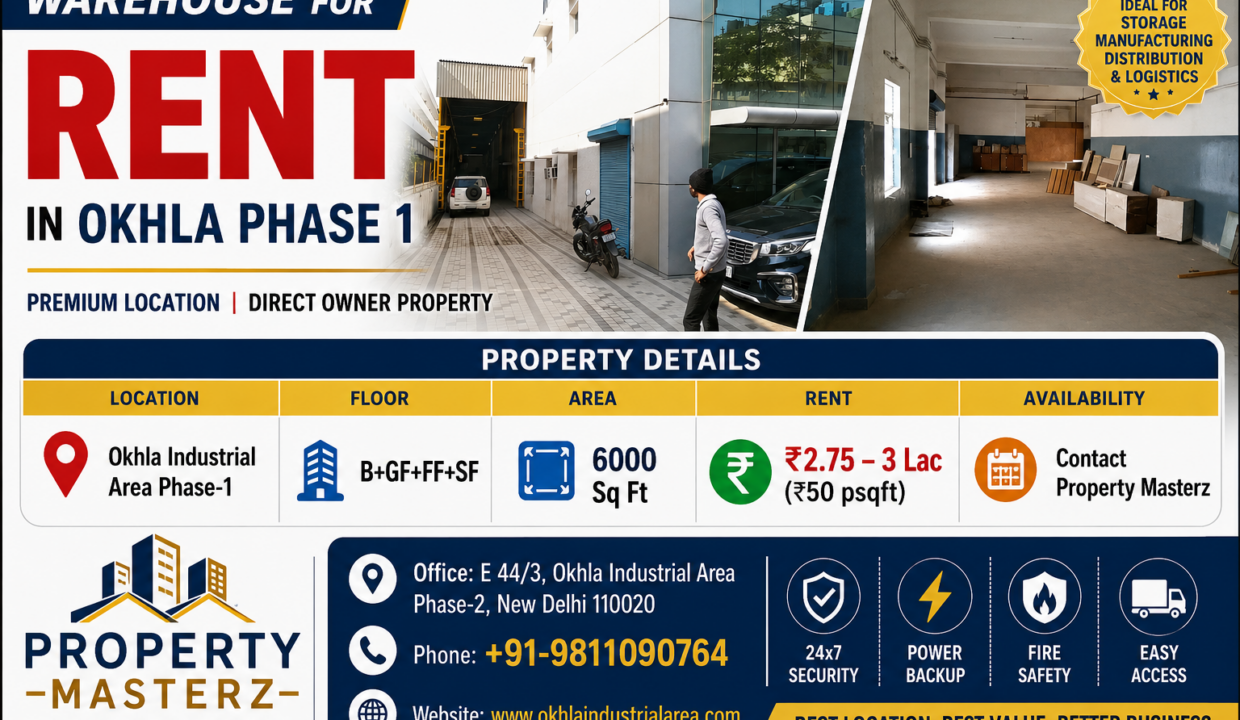 6000 Sq Ft warehouse for rent in Okhla Industrial Area Phase 1, New Delhi with Basement, Ground, First and Second Floor available at ₹50 per sq ft from Property Masterz India.