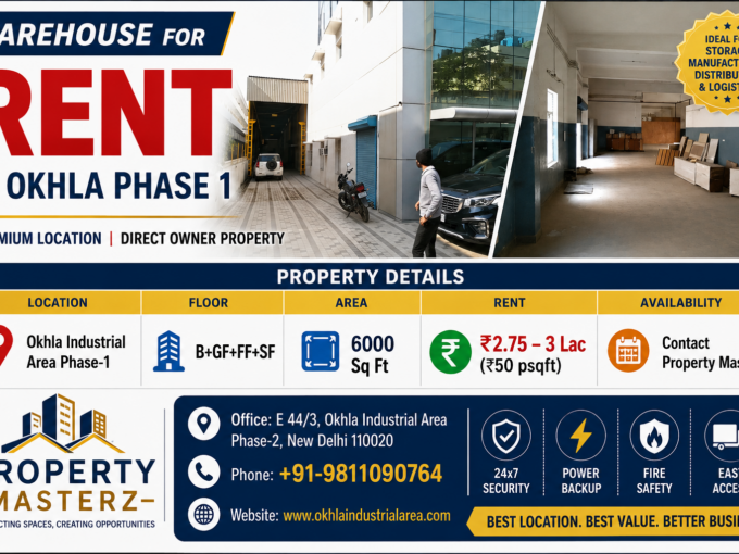 6000 Sq Ft warehouse for rent in Okhla Industrial Area Phase 1, New Delhi with Basement, Ground, First and Second Floor available at ₹50 per sq ft from Property Masterz India.